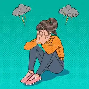 流行艺术使坐在地板上的年轻女孩心烦意乱.郁闷的哭泣的女人.