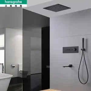 德国汉斯格雅暗装花洒嵌入墙式黑色隐藏天幕吊顶淋浴套装全铜飞雨