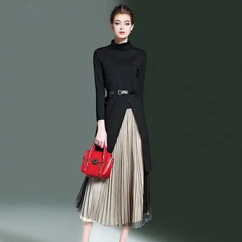 海青蓝2018春季女装新款长袖开叉打底上衣百褶半身裙时尚套装