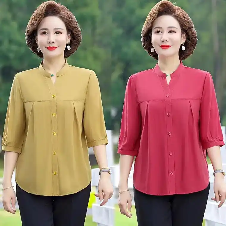 新款妈妈春装七分袖打底衫时尚中袖t恤洋气中老年女夏季上衣套装 - 抖