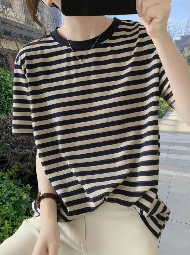 纯棉条纹t恤女夏新款简约圆领韩版显瘦短袖