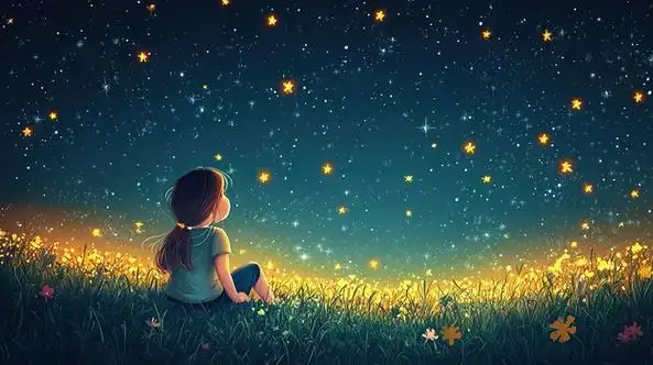 坐在草坪上看夜间星空发光的星星卡通女孩治愈插画