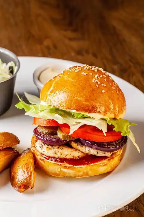 美国菜自制汉堡鸡片西红柿黄瓜红洋葱艾兹伯格和番茄酱有乡村风格的