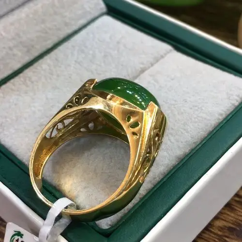 鼠年新款天然新疆和田玉镶嵌18k金戒指男碧玉金镶玉指环送爸爸福