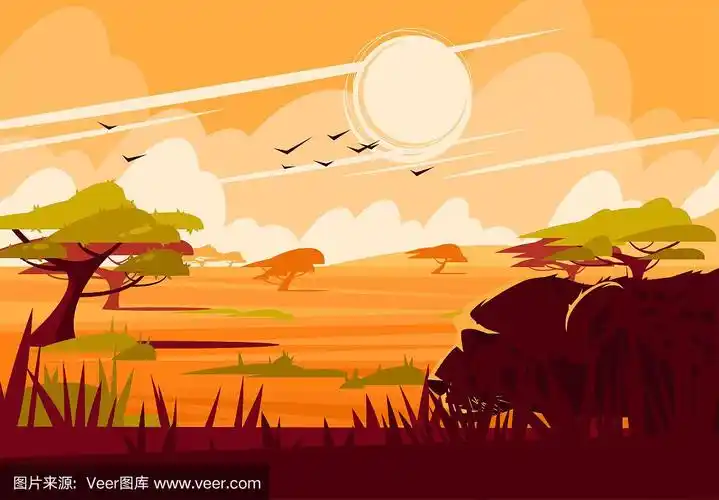 矢量插图的风景的非洲草原,典型的非洲树在草原,剪影口吻的食肉猫在