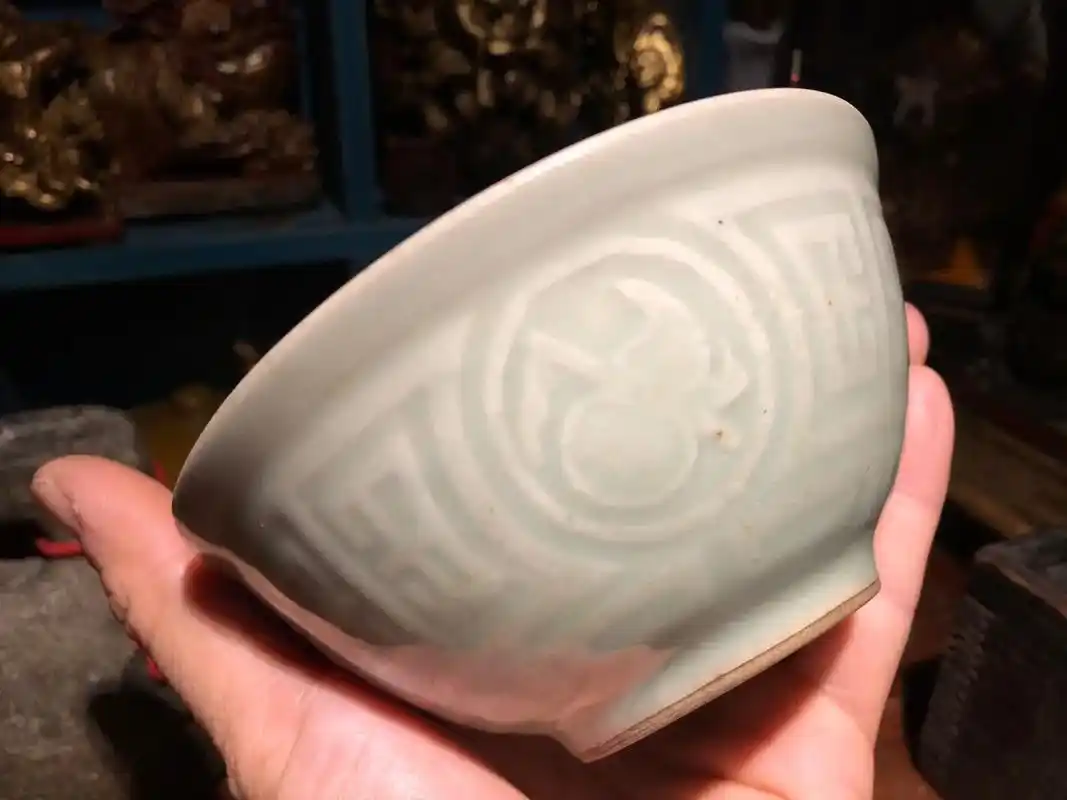 清末民国暗八仙豆青古碗绿豆碗老瓷器老物件旧物