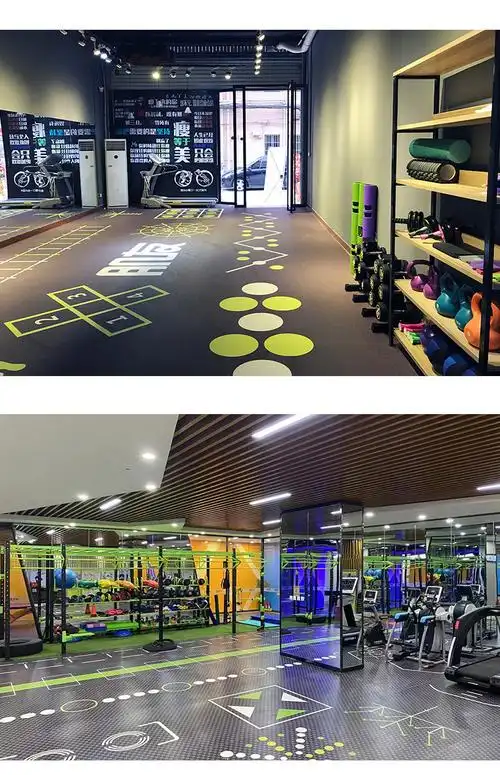 健身房地胶私教图案设计室内功能性pvc塑胶地板商场跑道体适能垫