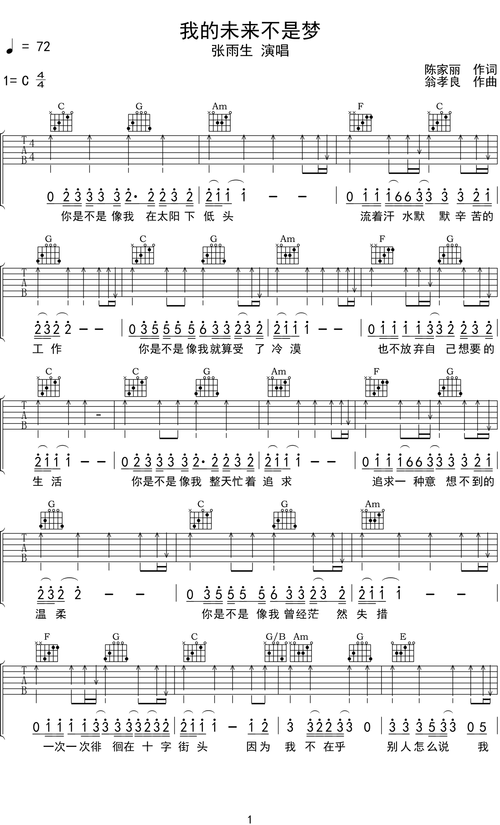 张雨生我的未来不是梦吉他谱c调吉他弹唱谱