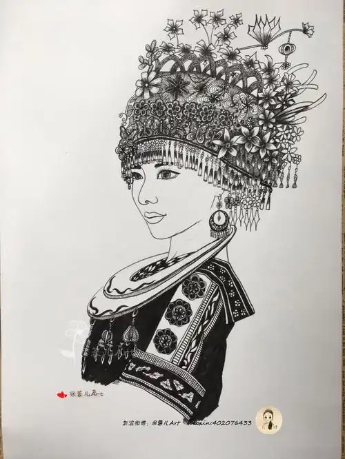 【苗族姑】创意线描|纯艺术|钢笔画|蓉儿art - 原创作品 - 站酷