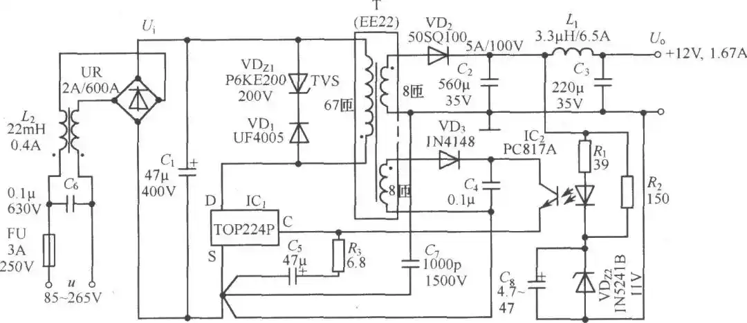 top224p构成的12v,20w开关直流稳压电源电路