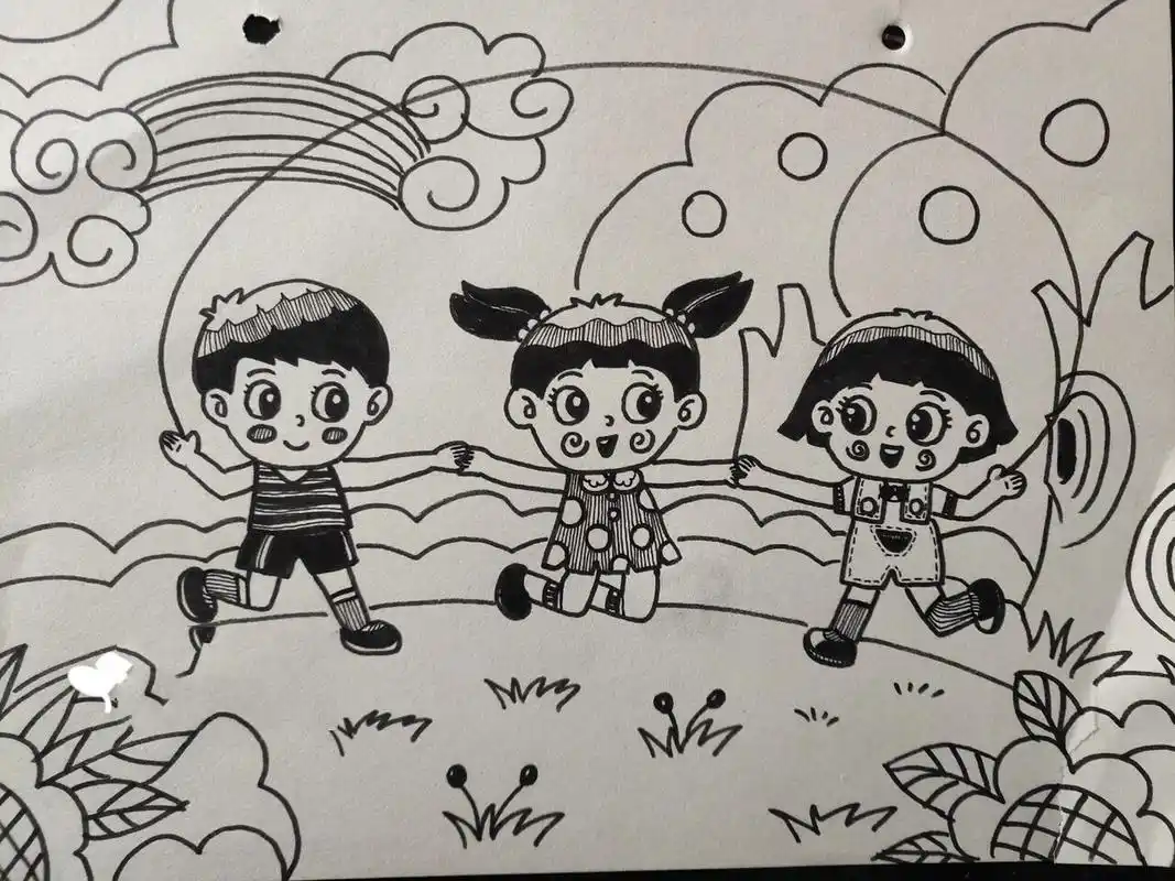 跳绳线描简笔画～ 图一临摹,图二自己构思不小心把纸擦破了