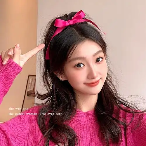 玫红蝴蝶结飘带发绳甜美少女高马尾绑头发圈高弹力橡皮筋头饰头绳