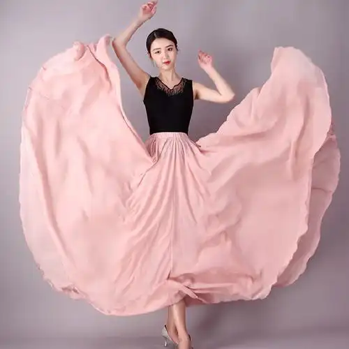 720度超大摆舞蹈裙女春夏双层雪纺半身裙广场舞垂坠感长裙沙滩裙