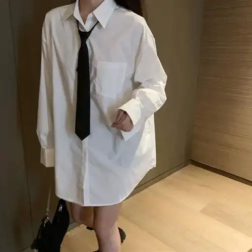 中长男友衬衫2021秋季新款韩版宽松休闲百搭衬衫