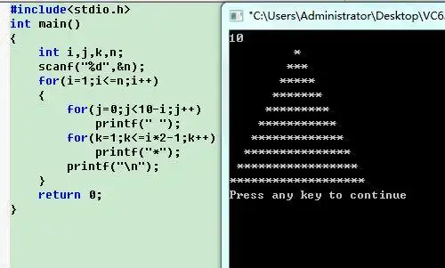 c语言 打印三角形 要求无论打几行图形位置都不变 只有打到第十行时