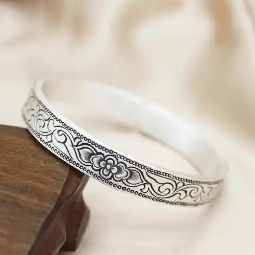 足银镯子复古民族风手工錾刻足银999手镯满花纹足银手镯女式手环