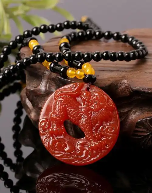 麒麟天然黑黄玛瑙坠红色玛瑙麒麟项链附证书