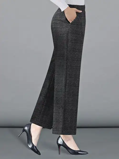 妈妈中老年长裤子九分裤阔腿裤春秋新款女装格子冬季女裤毛呢中年