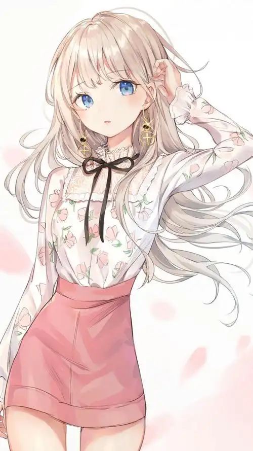 二次元长发飘飘美少女粉色短裙美图片