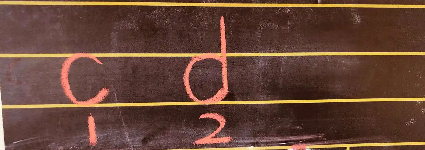 学习正确规范书写d,知道d是由两笔写成,占中格和上格