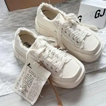 美拉德方头厚底帆布鞋2024春季新款港风大头小白鞋校园百搭休闲鞋