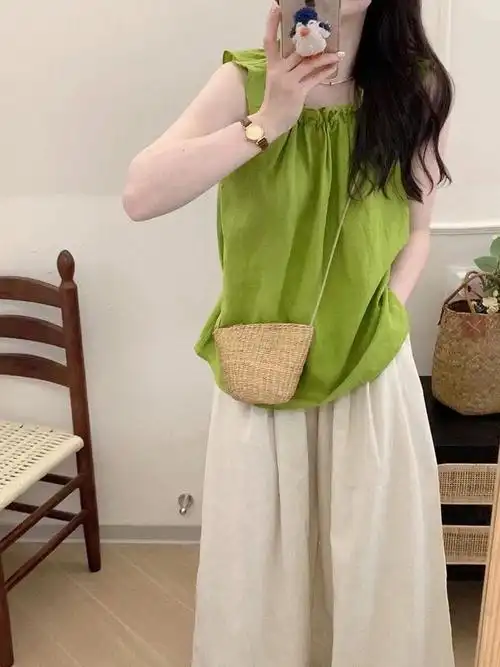 时尚女装牛油果绿色上衣设计感小飞袖雪纺娃娃小衫2024年夏季新款