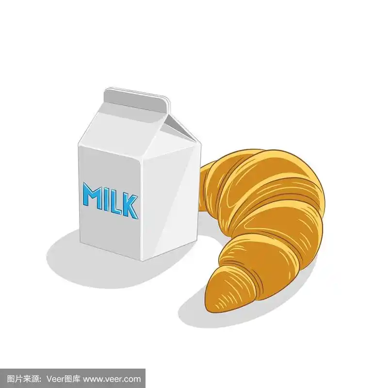 牛奶和羊角面包早餐矢量插图