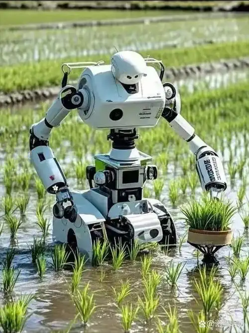 瞧,农田里,机器人正忙碌地进行着插秧,耕作,收割等农业活动