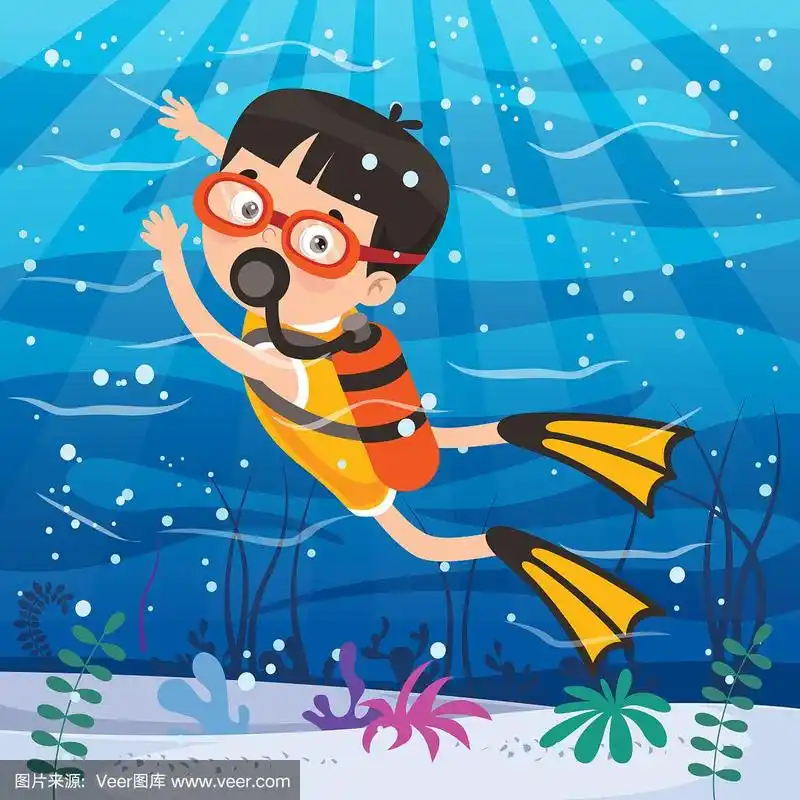在海洋中潜水的小卡通人物