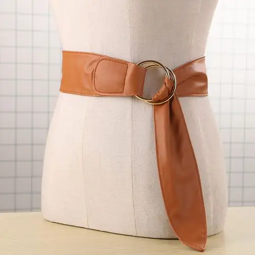 韩版百搭圆环装饰宽腰带女时尚黑色软腰封配大衣简约皮草腰饰