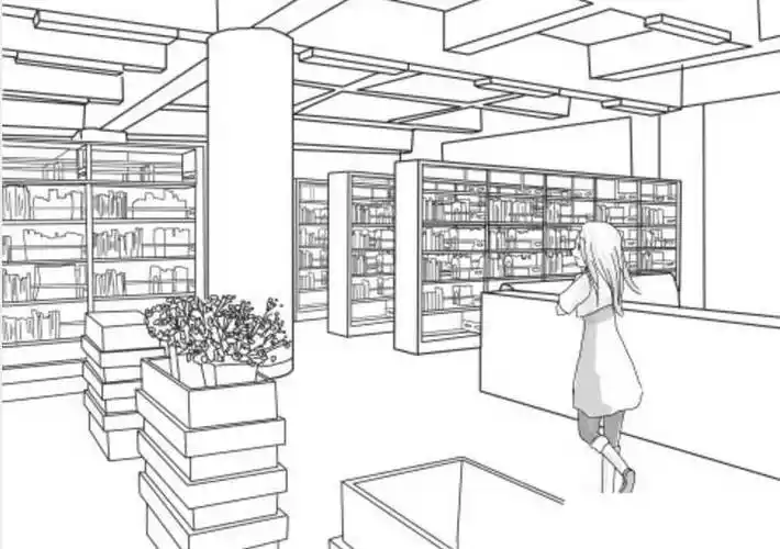 图书馆室内手绘线稿