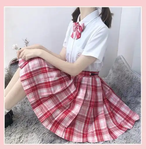 原创设计jk制服格裙短裙女百褶裙学院风学生半身裙粉色格格子裙 冰点