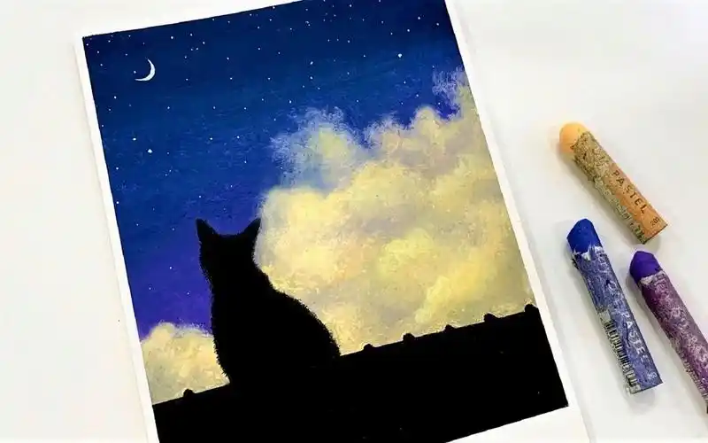 【油画棒教程】夜空下的小猫咪~零基础友好的简单小画