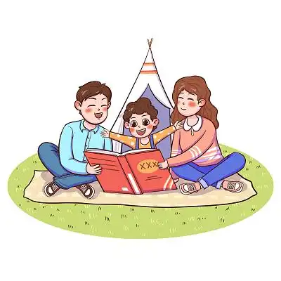 一家三口读书亲子元素卡通人物png素材