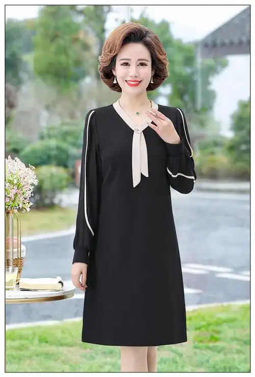 中年妇女妈妈春装2022春秋新款50岁矮个子减龄雪纺裙子黑色21381xl80