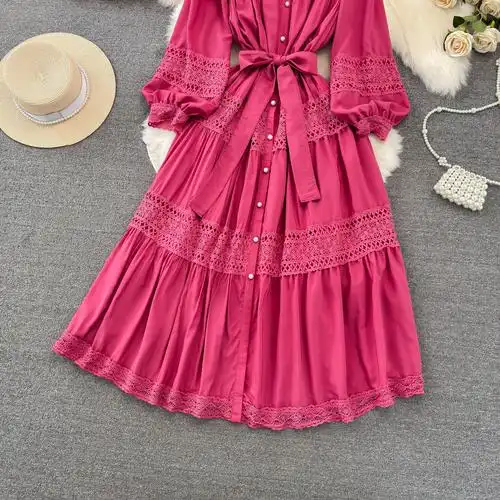 高级感轻奢名媛气质灯笼长袖立领收腰显瘦a字镂空连衣裙优雅长裙 - 17