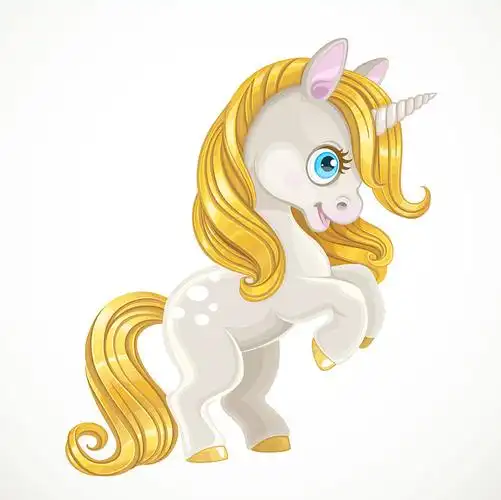 可爱的白色独角兽站在金色的鬃毛上图片