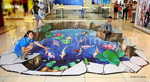 3d地贴(地面立体画) 一种特殊变异的平面创作画,利用人视觉的错觉感