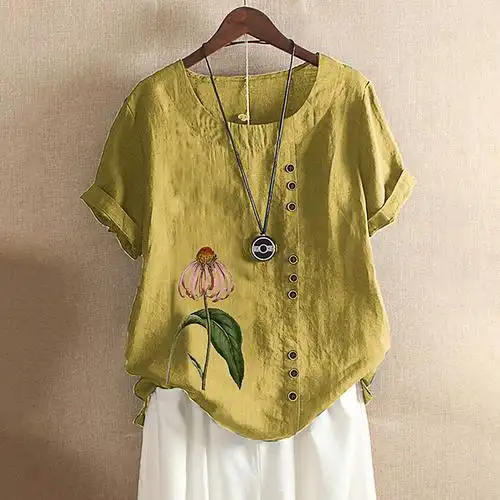 欧美女士印花纽扣棉麻上衣t恤短袖衬衣