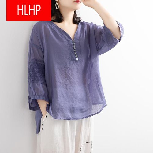 棉麻7分袖t恤女夏季薄款文艺复古刺绣v领衬衫大da码宽松显瘦亚麻上衣