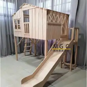 美式现代实木儿童树屋床简约原木风公主城堡床双层梯柜床带滑滑梯