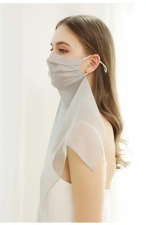 杭丝路真丝口罩女纯色防晒面纱女面罩冰丝巾遮全脸护颈一体薄款夏天
