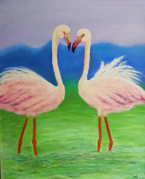 油画两只火烈鸟