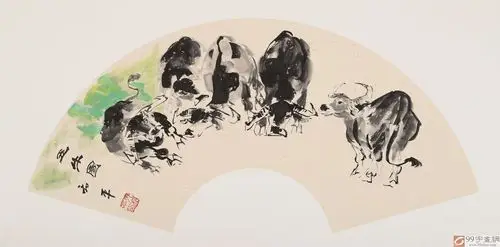 当代乡土童趣绘画名家尹和平 扇面《五牛图》 - 国画牛 - 99字画网