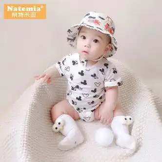 男女宝宝夏装连体衣超人哈衣短袖爬服网红薄 白色米奇_短袖三角哈衣