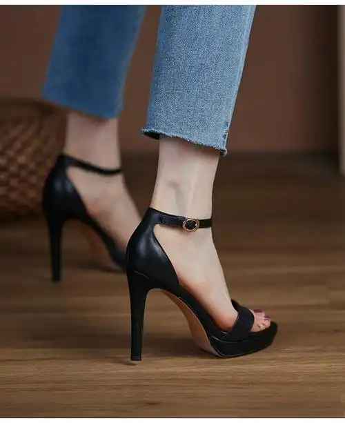 恨天高高跟鞋11cm台高跟一字带女性感恨天高走秀鞋黑色潮鞋气质鞋黑色