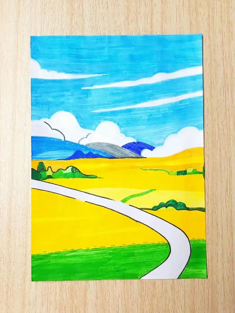 马克笔儿童主题画《美好的风景》#画画 #风景 #治愈 #安静 - 抖音