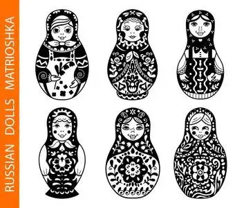 一套俄罗斯传统嵌套娃娃 (俄罗斯套娃).黑白插图.样式设计模板照片