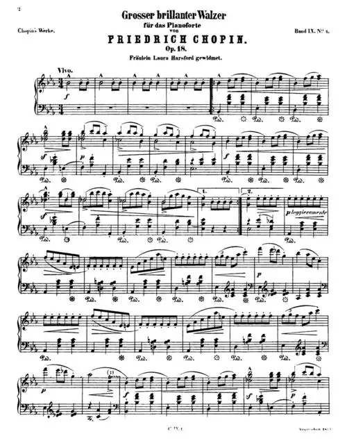 展开全部 以下是肖邦的辉煌的圆舞曲op18的钢琴谱第一页预览,请留