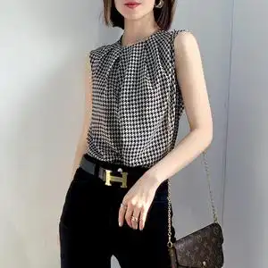 设计感小众格子打底背心女宽松无袖千鸟格缎面内搭吊带上衣外穿薄